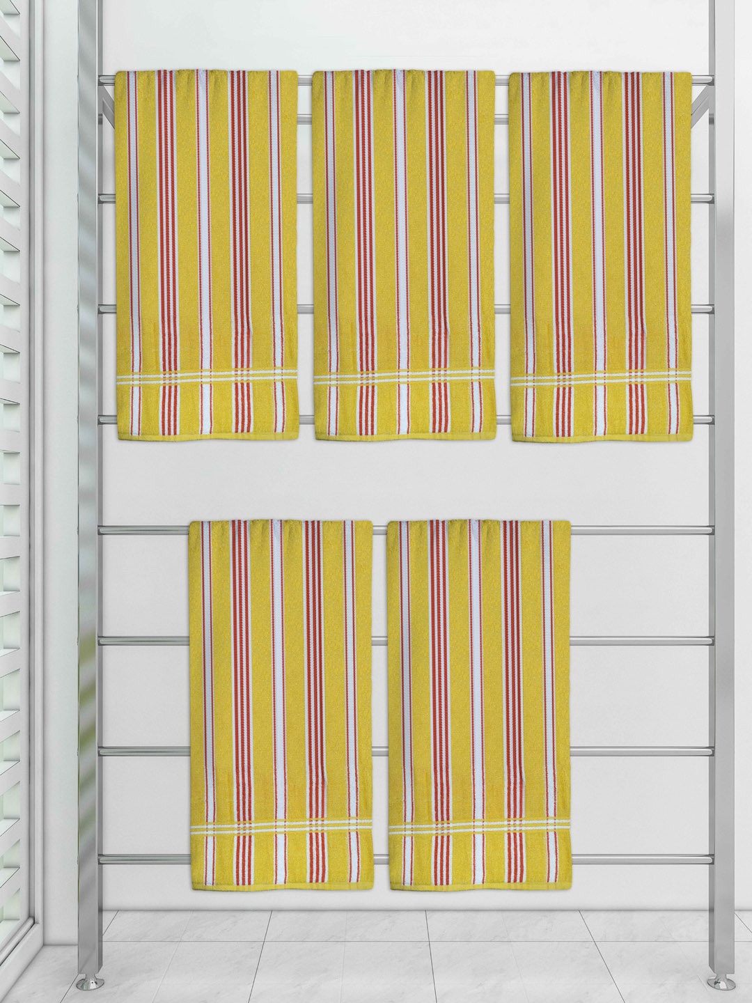 

Athom Trendz Yellow Set Of 5 Striped 300 GSM Cotton Bath Towel Set