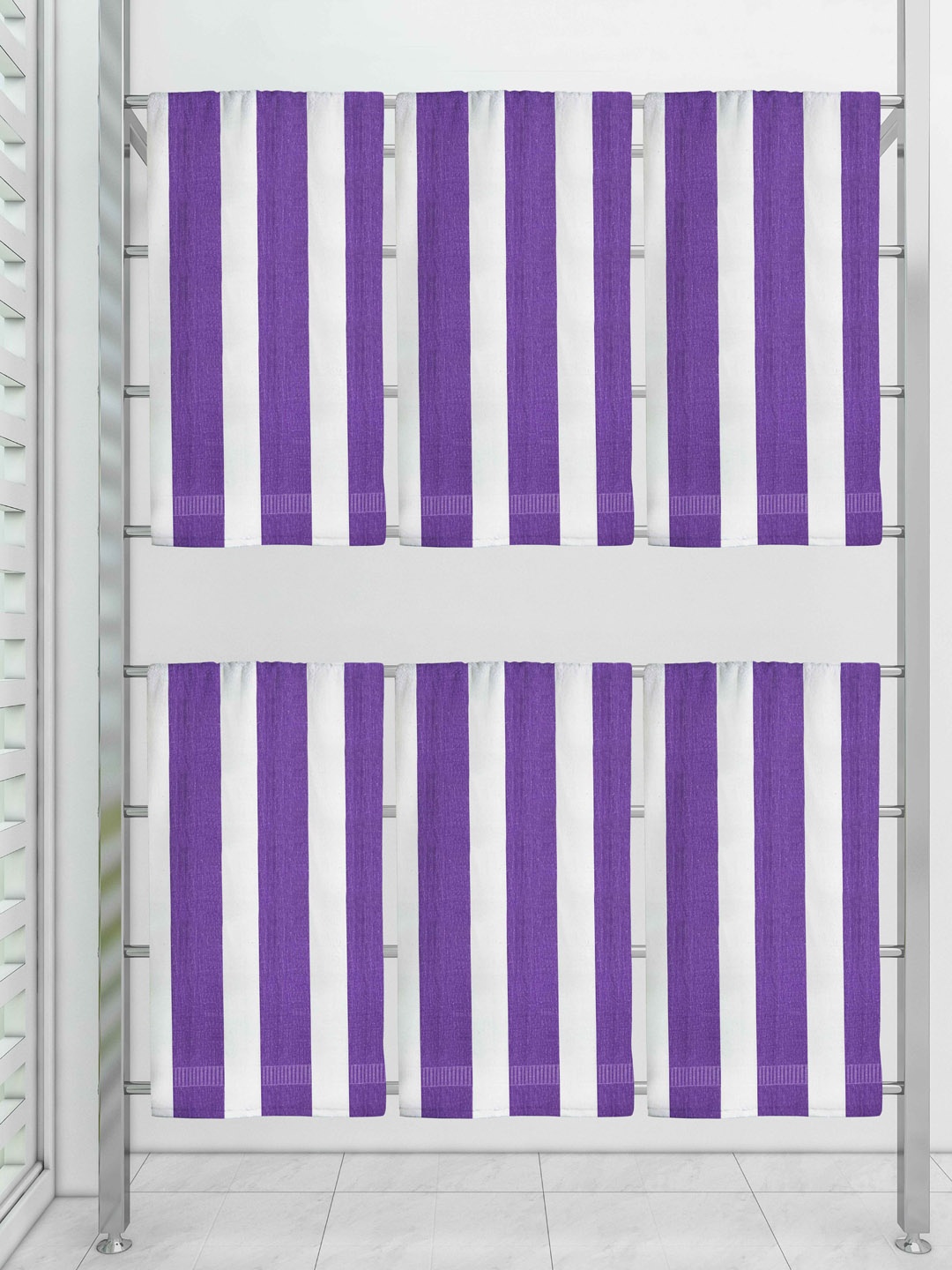 

Athom Trendz White and Blue Striped Set Of 6 Striped 300 TC Pure Cotton Bath Towels