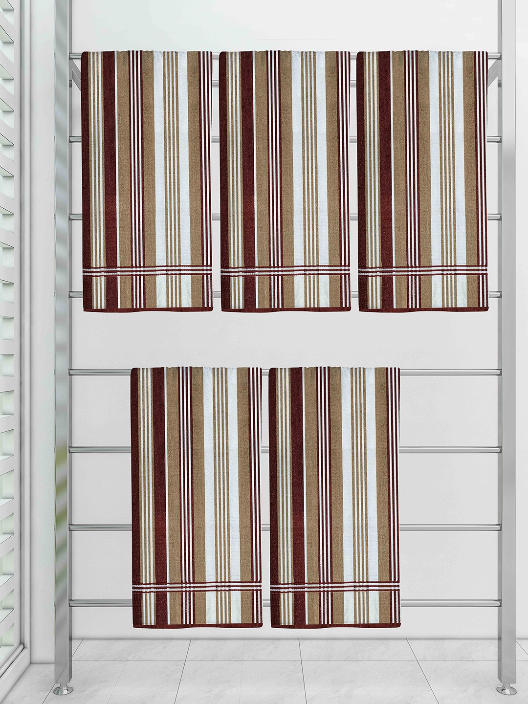 

Athom Trendz Brown & Maroon Striped Pure Cotton Pack Of 5 Towel Set