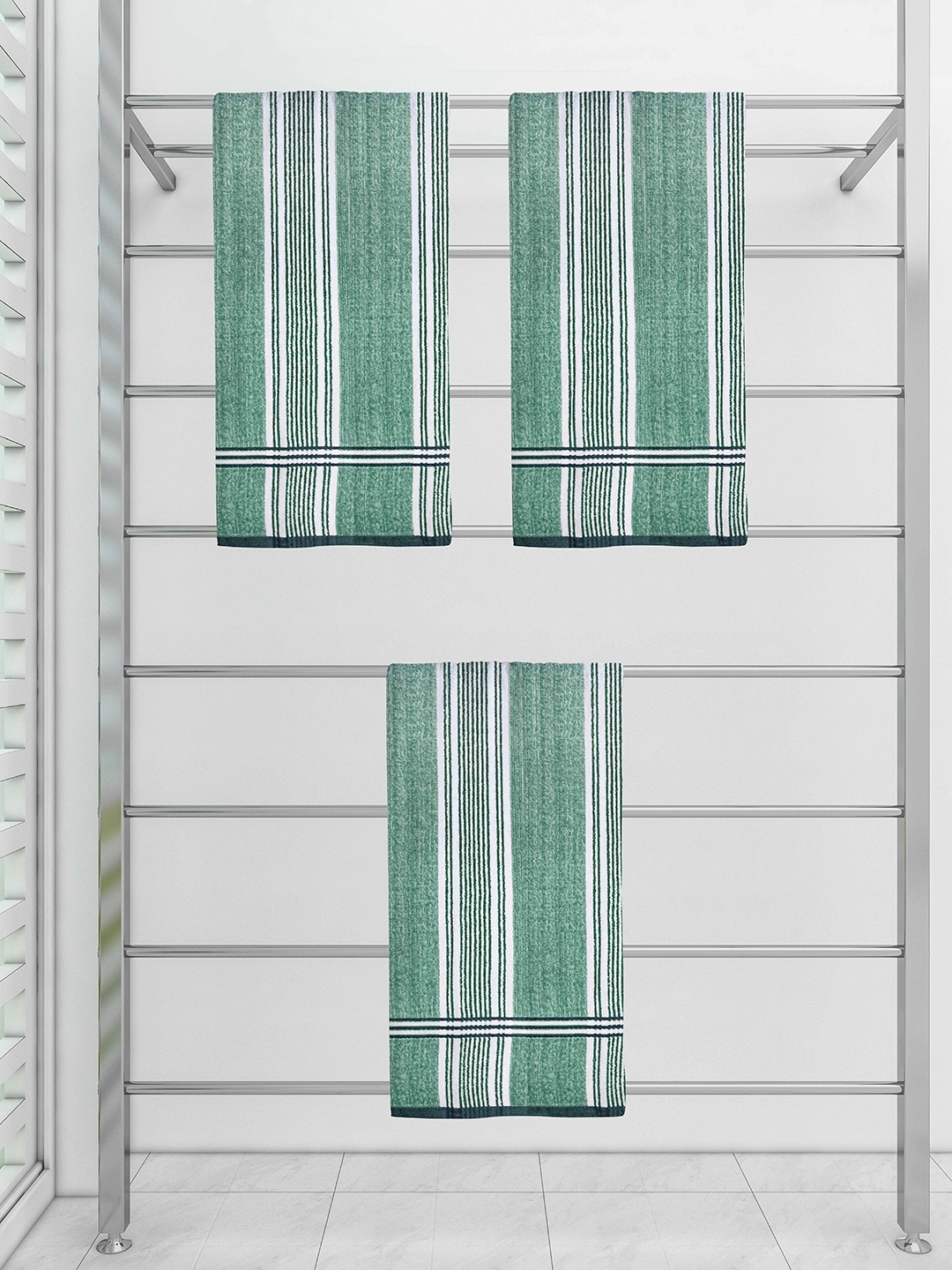 

Athom Trendz Set Of 3 Green Striped Cotton Bath Towels, Multi