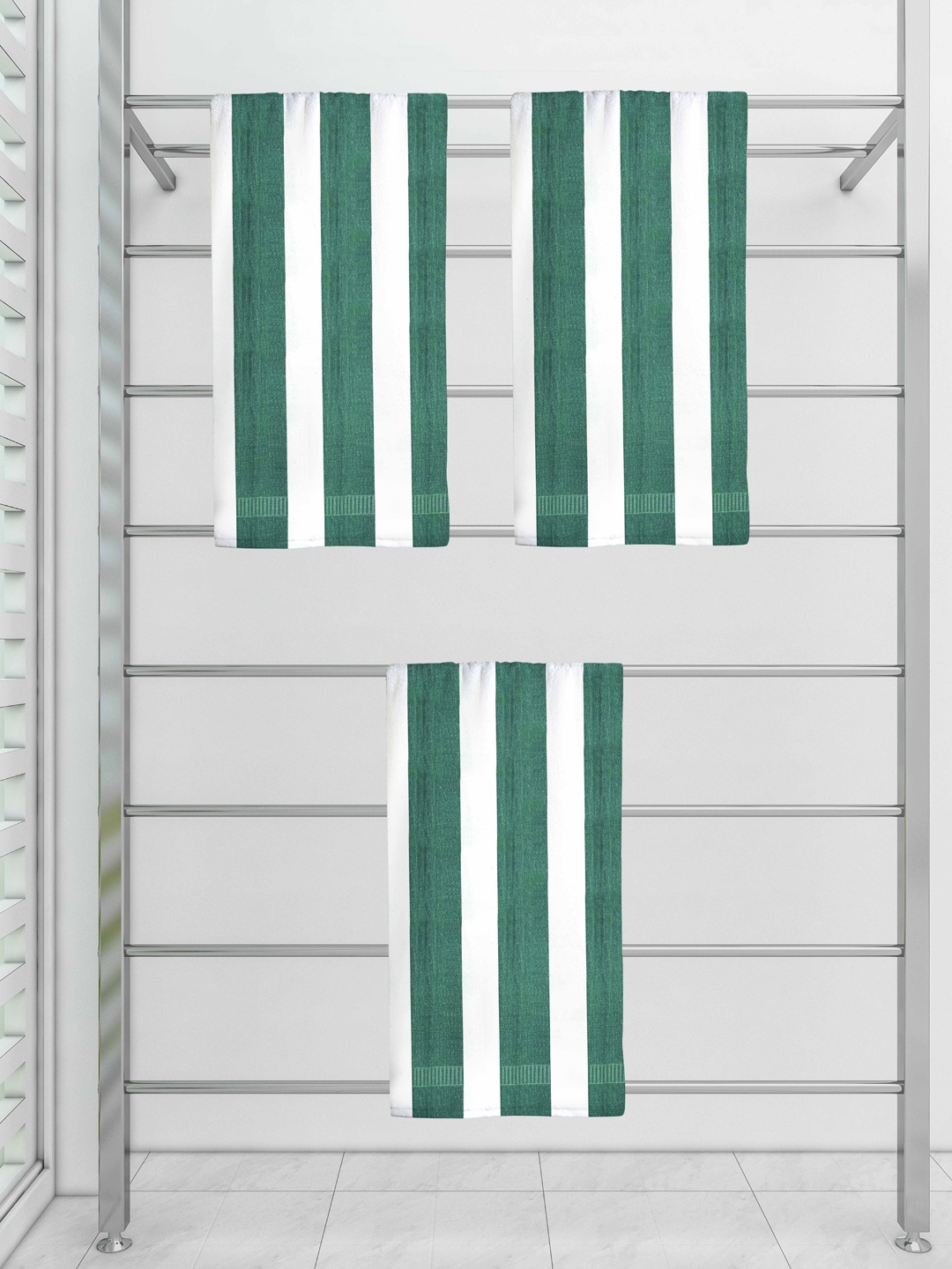 

Athom Trendz Set Of 3 Green Striped 300 GSM Cotton Bath Towels