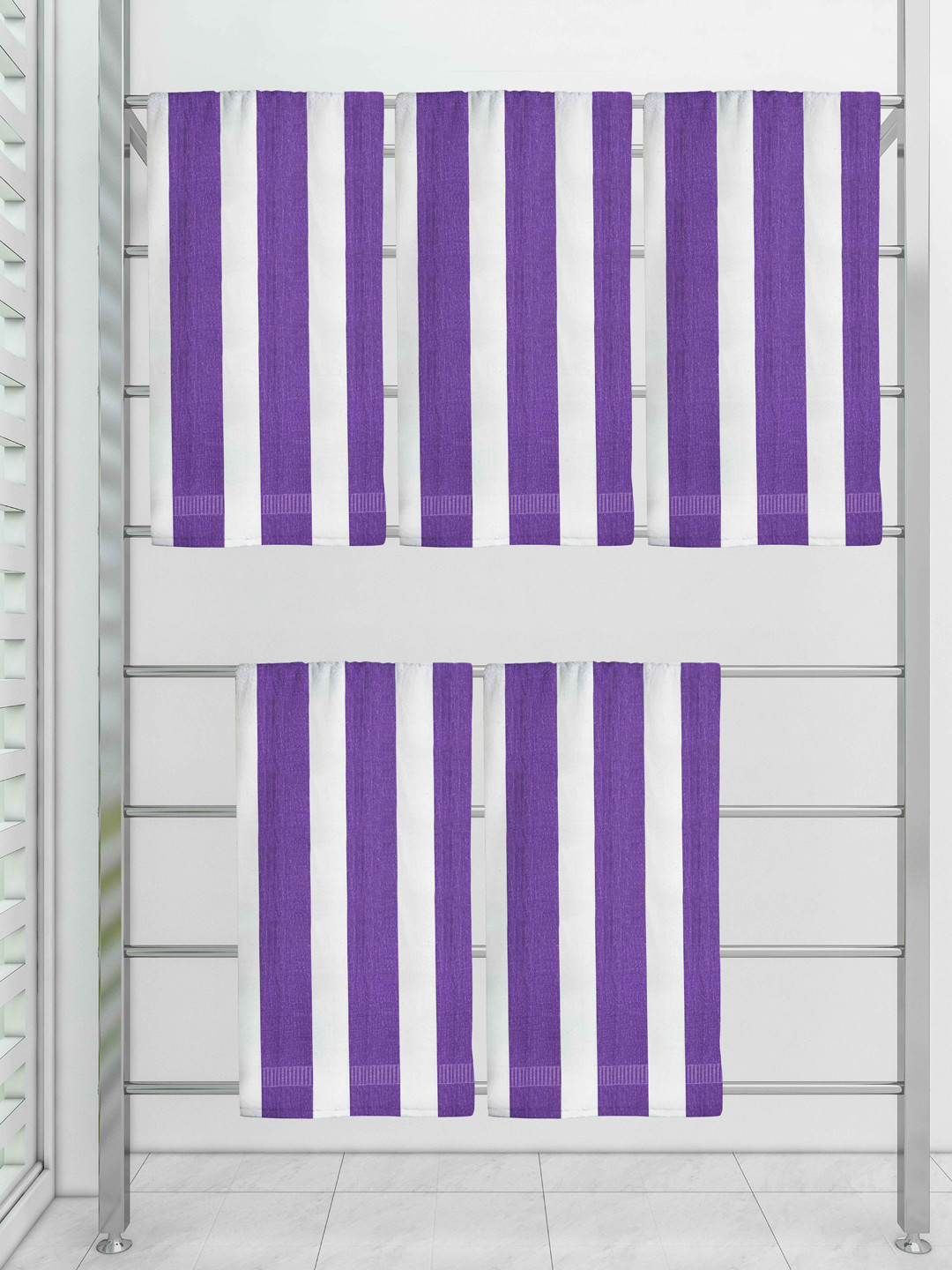 

Athom Trendz Pack of 5 Ecosaviour White & Purple Striped 300 GSM Cotton Bath Towel