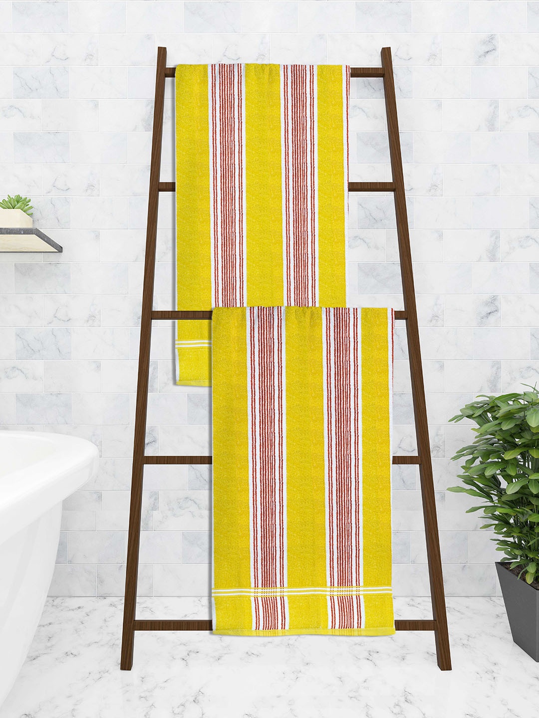

Athom Trendz Set Of 2 Yellow Striped 300 GSM Cotton Bath Towels