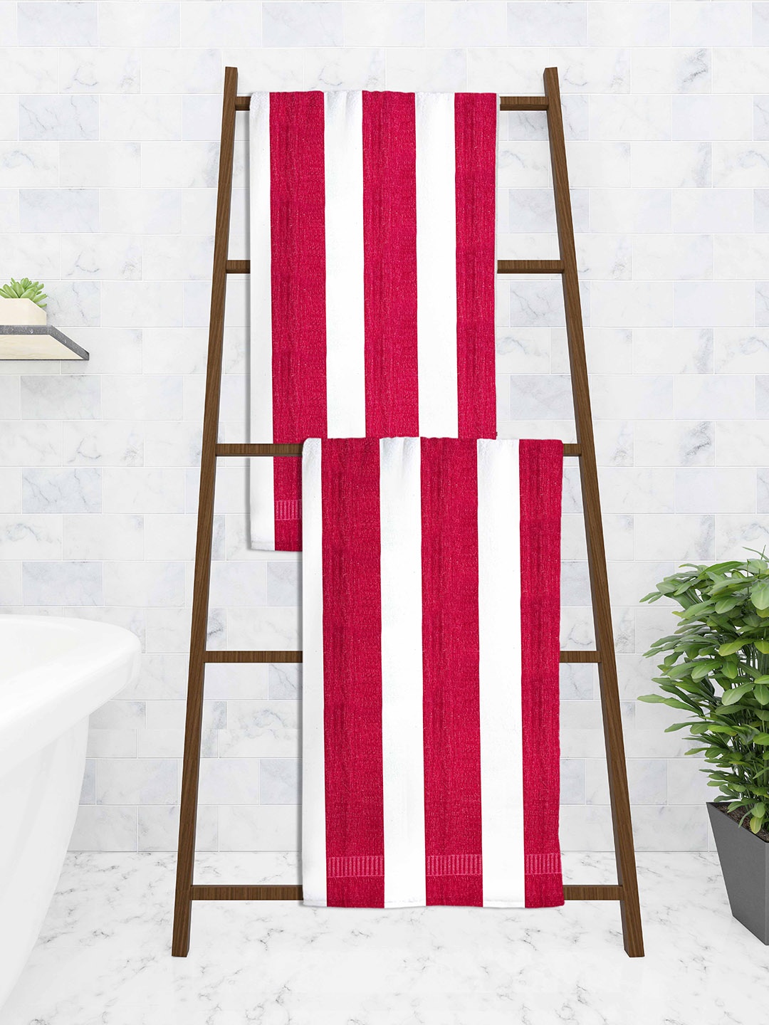 

Athom Trendz Set Of 2 Red & White Striped Cotton 300 GSM Towel Set