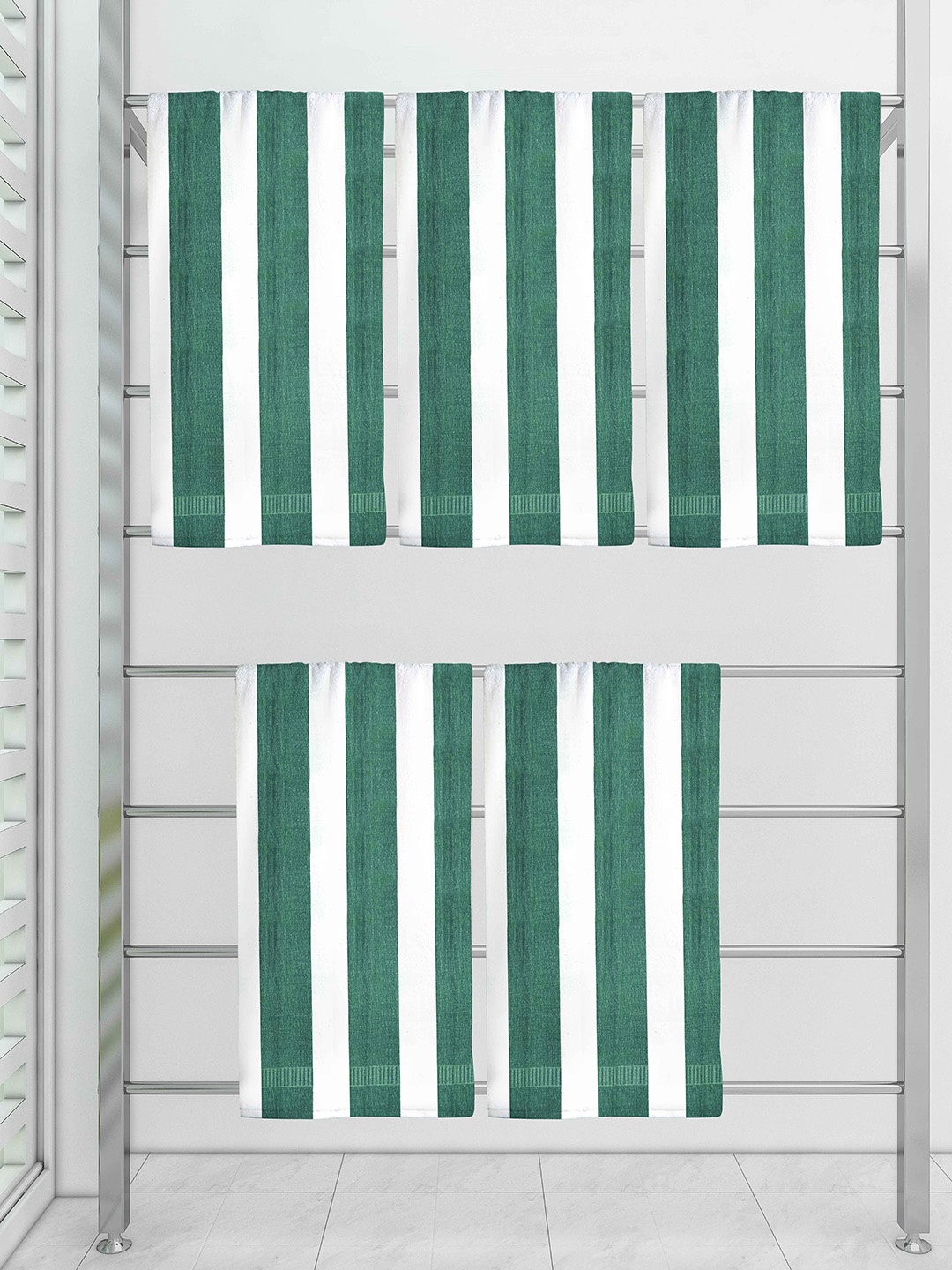 

Athom Trendz Set Of 5 Green & White Striped 300 GSM Cotton Bath Towels