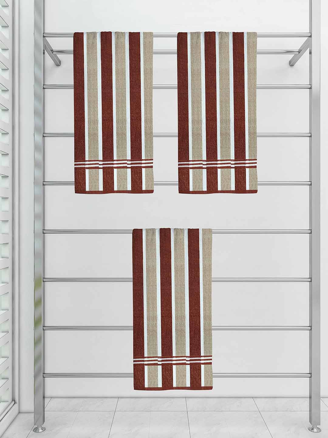

Athom Trendz Set of 3 Beige & Brown Striped Cotton Bath Towel