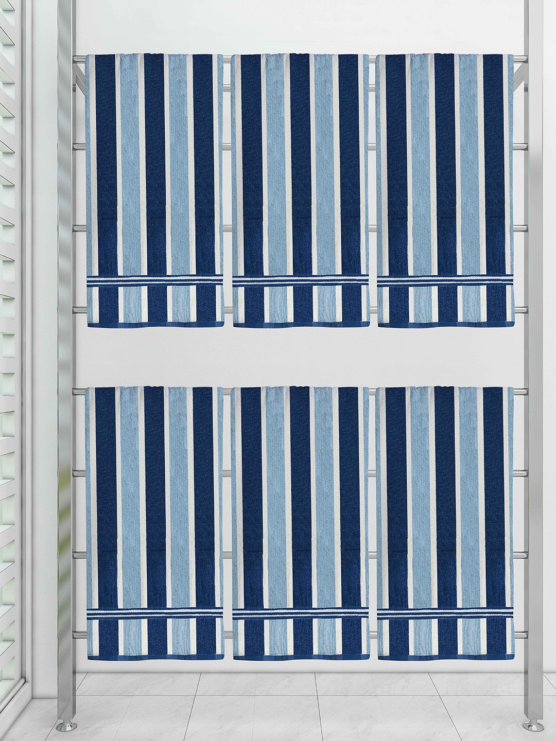

Athom Trendz Pack of 6 Ecosaviour White & Blue Striped 300 GSM Cotton Bath Towel