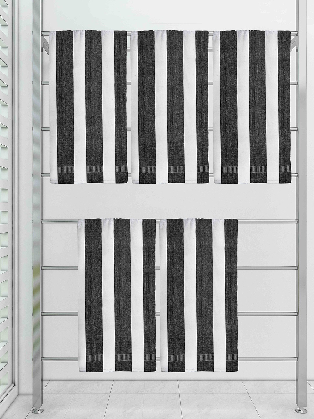 

Athom Trendz Unisex Set of 5 White & Black Striped Cotton Bath Towel GSM 300