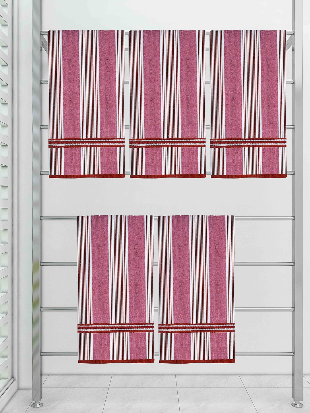 

Athom Trendz Set Of 5 Red Striped 300 GSM Cotton Bath Towels