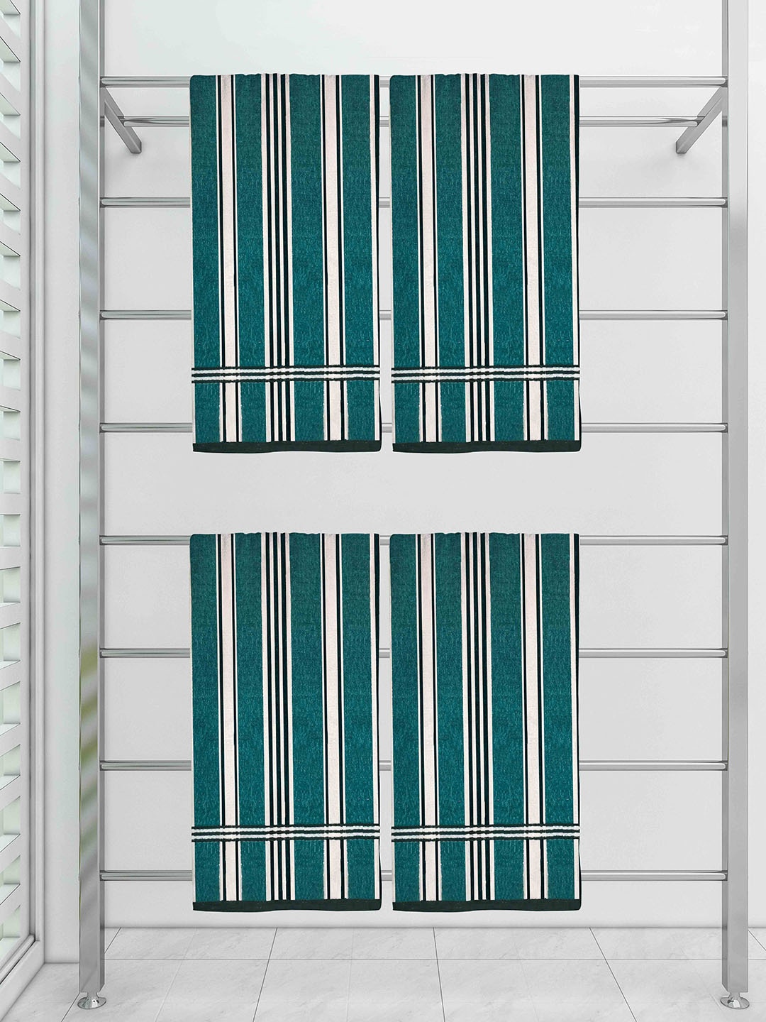 

Athom Trendz Pack of 4 Ecosaviour White & Green Striped 300 GSM Cotton Bath Towel