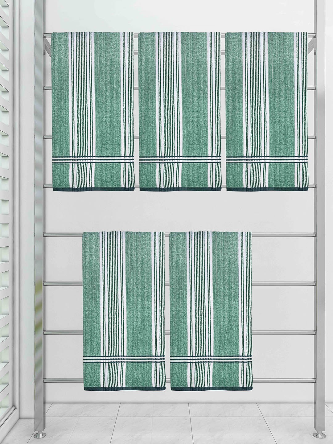 

Athom Trendz Set Of 5 Green & White Striped Cotton 300 GSM Towel Set