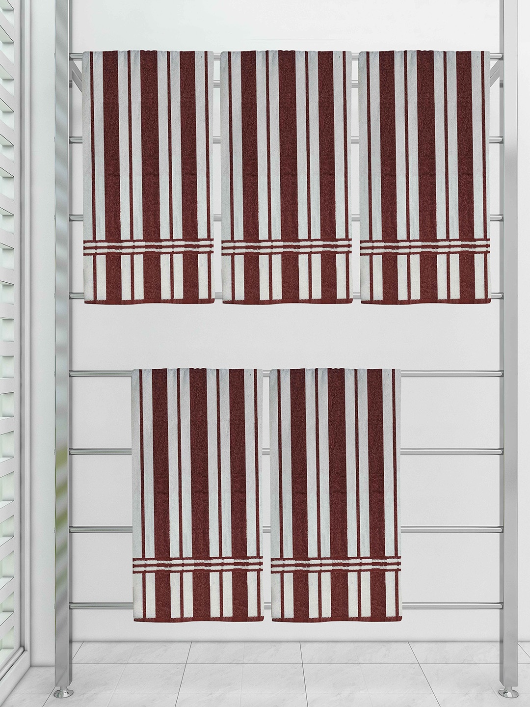

Athom Trendz White & Brown Set of 5 Striped Cotton Bath Towel-GSM 300