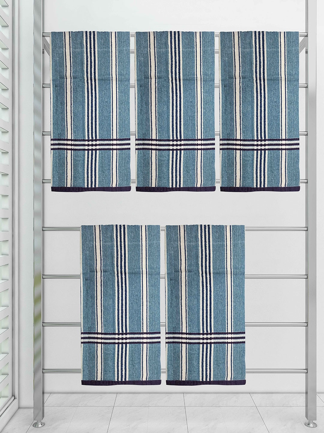 

Athom Trendz Set Of 5 Striped 300 GSM Cotton Bath Towels, Blue