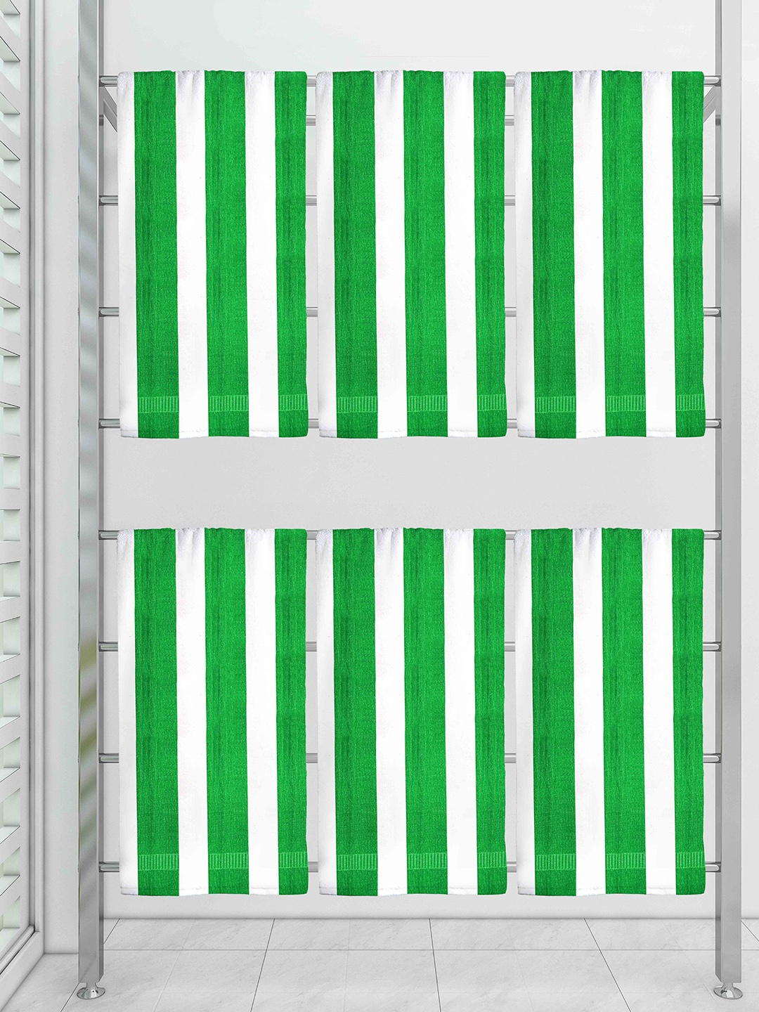 

Athom Trendz Set of 6 White & Green 300 GSM Striped Cotton Bath Towel