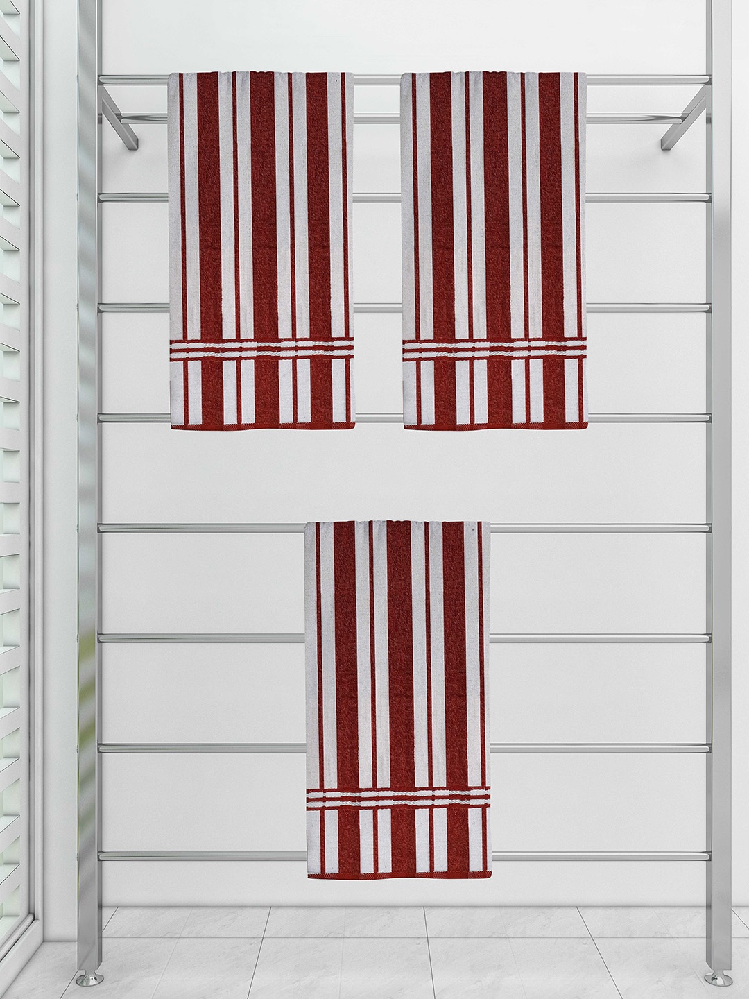 

Athom Trendz Pack of 3 Ecosaviour White & Maroon Striped 300 GSM Cotton Bath Towel