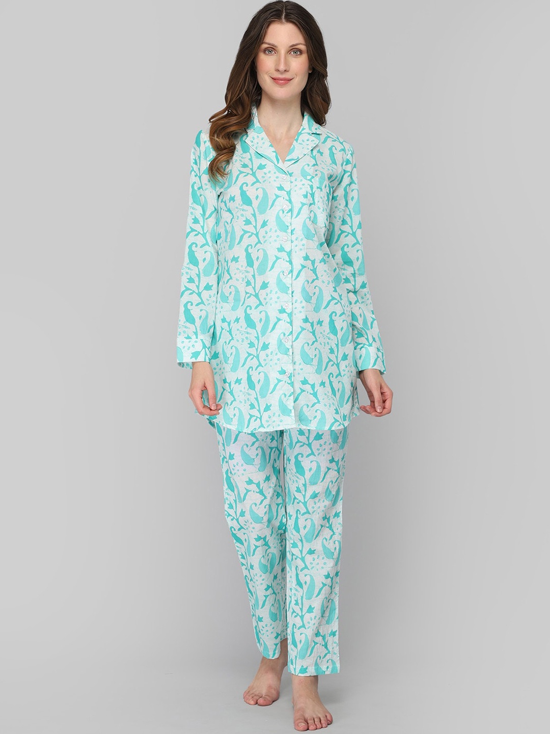 

DRAPE IN VOGUE Women Sea Green & White Printed Night suit