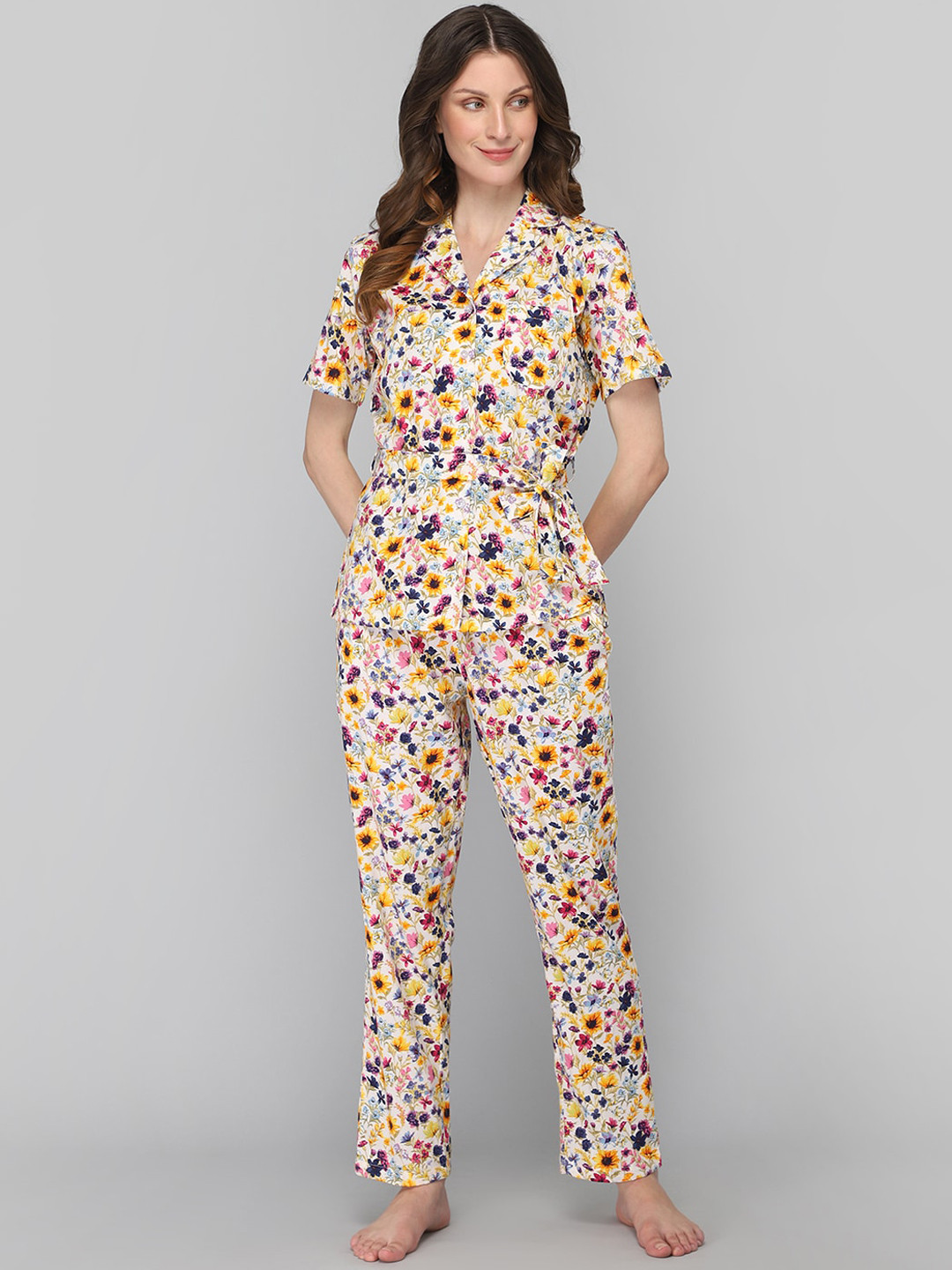 

DRAPE IN VOGUE Women Off White & Yellow Floral Printed Night suit