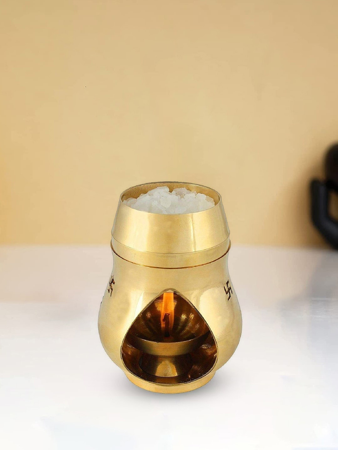 

CraftVatika Gold Toned Brass Swastik Diya Oil Lamp