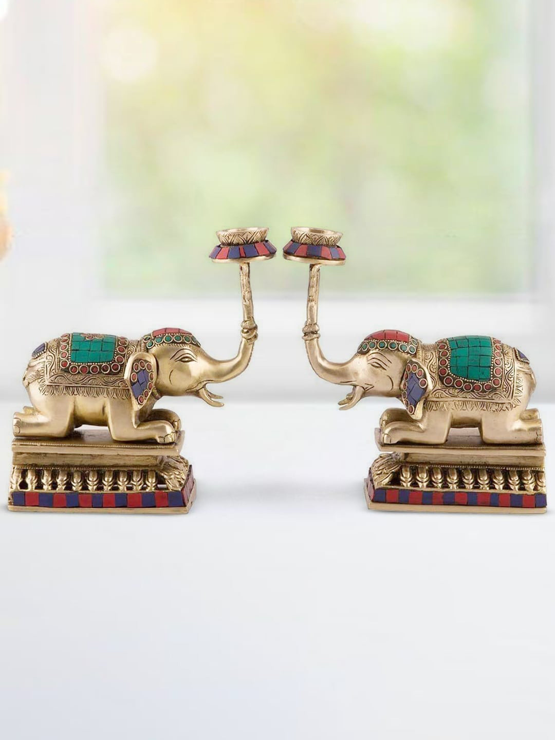 

CraftVatika Gold-Colored & Green Trunk Up Elephant Showpieces With Diya