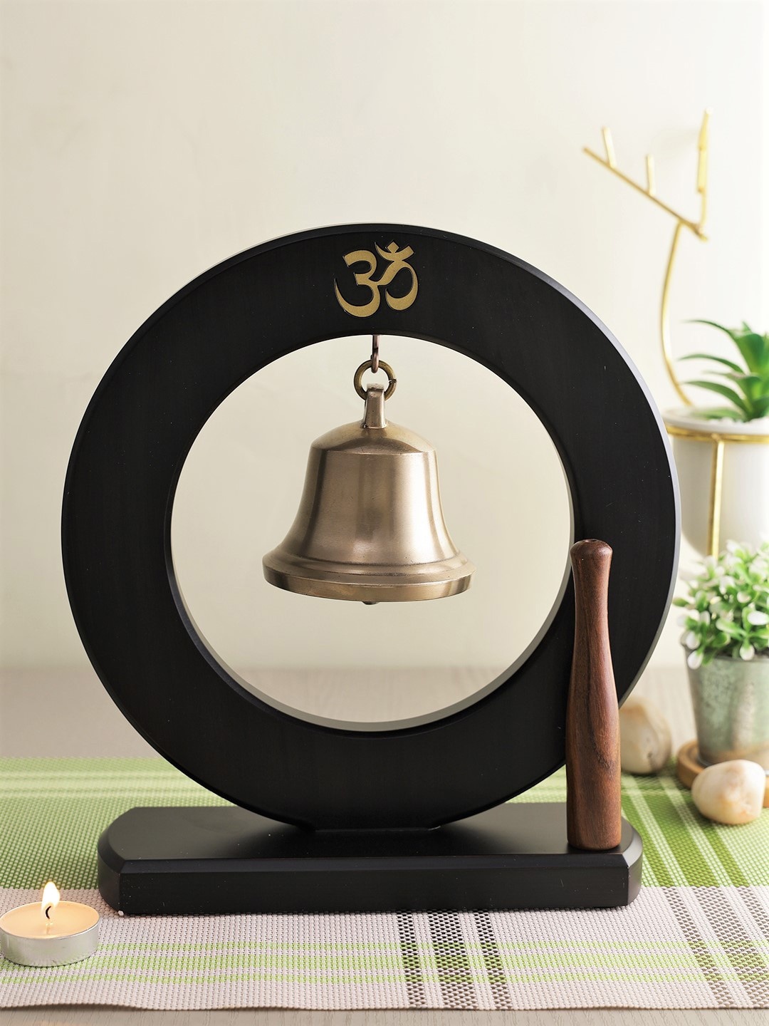 

CraftVatika Black Hanging Om Brass Bell On Wooden Stand with Mallet