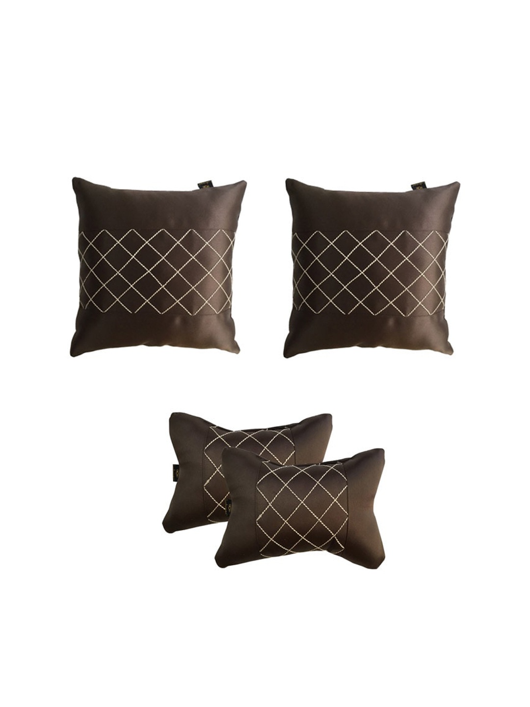 

Lushomes Set of 4 Car Cushion Neck Rest Pillow with Artistic Stitch, Brown