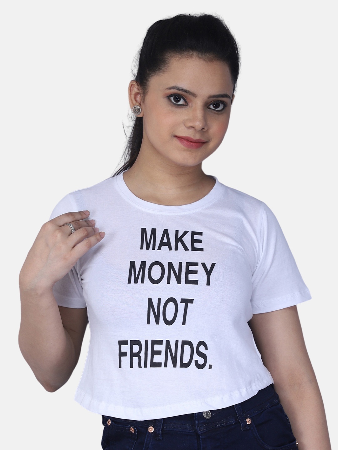 

Orchid Blues Women White & Black Typography Printed Pure Cotton T-shirt