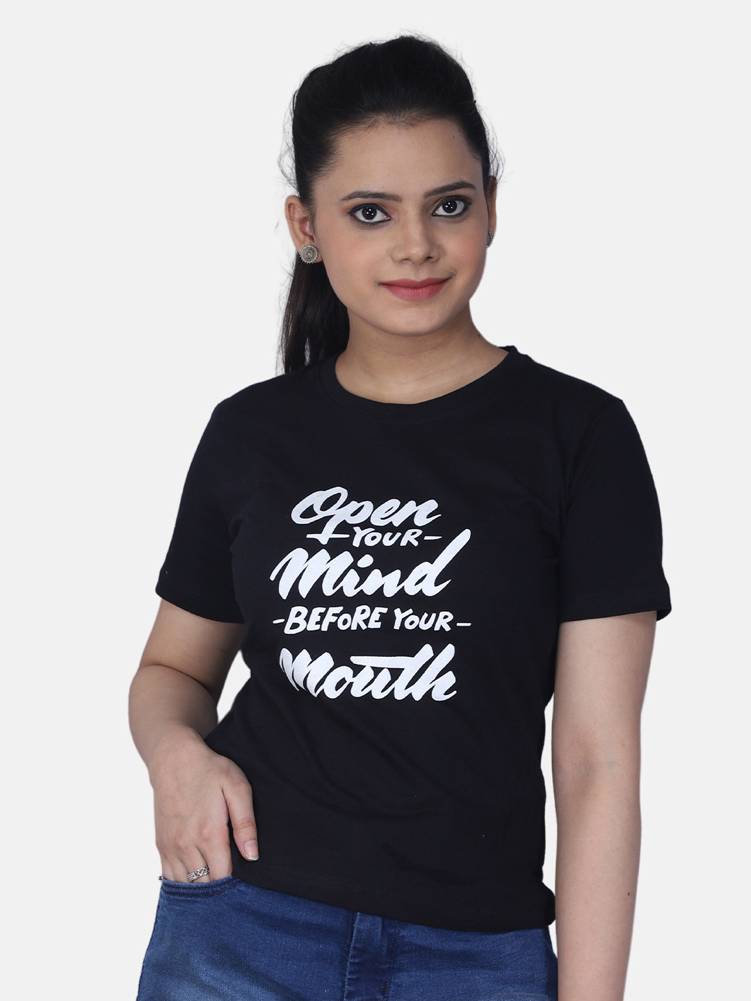 

Orchid Blues Women Black Typography Printed Cotton T-shirt
