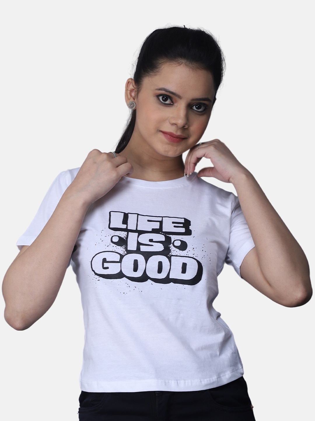 

Orchid Blues Women White Typography Printed Crop T-shirt
