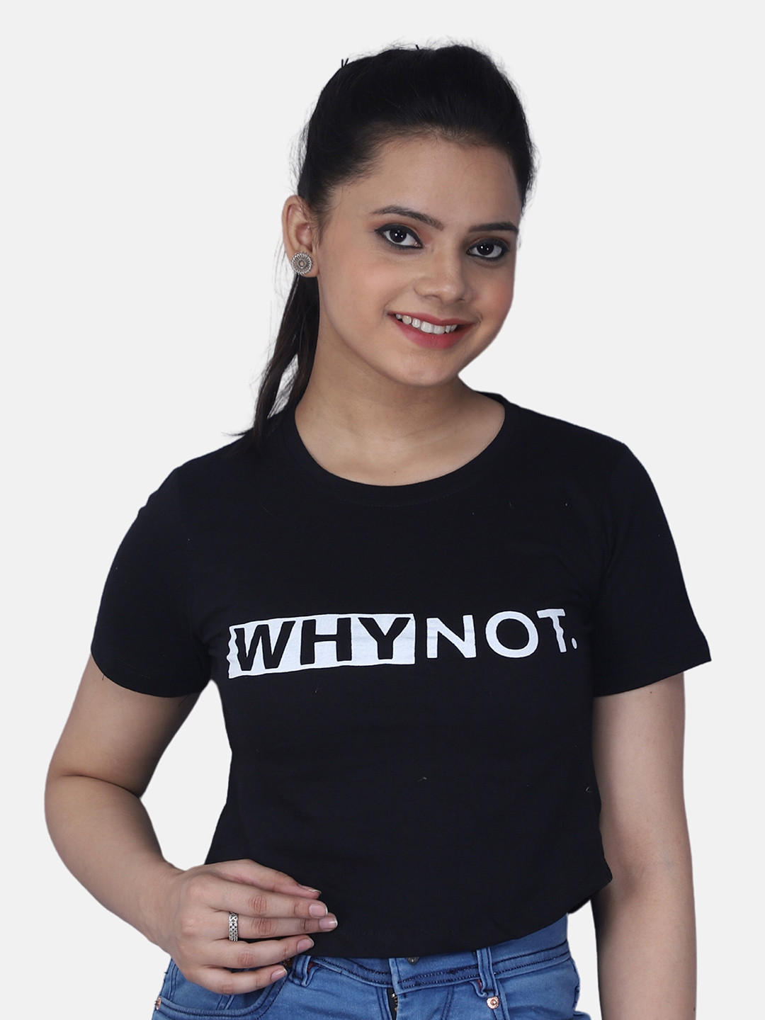 

Orchid Blues Women Black & White Typography Printed Pure Cotton T-shirt