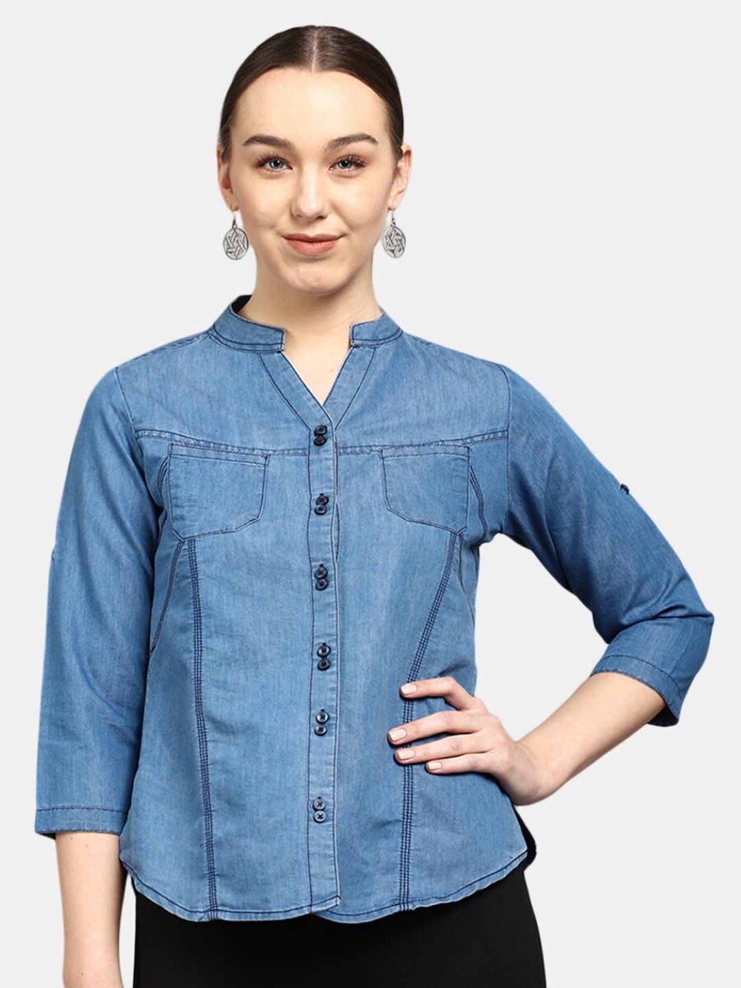 

V-Mart Women Blue Solid Denim Casual Shirt
