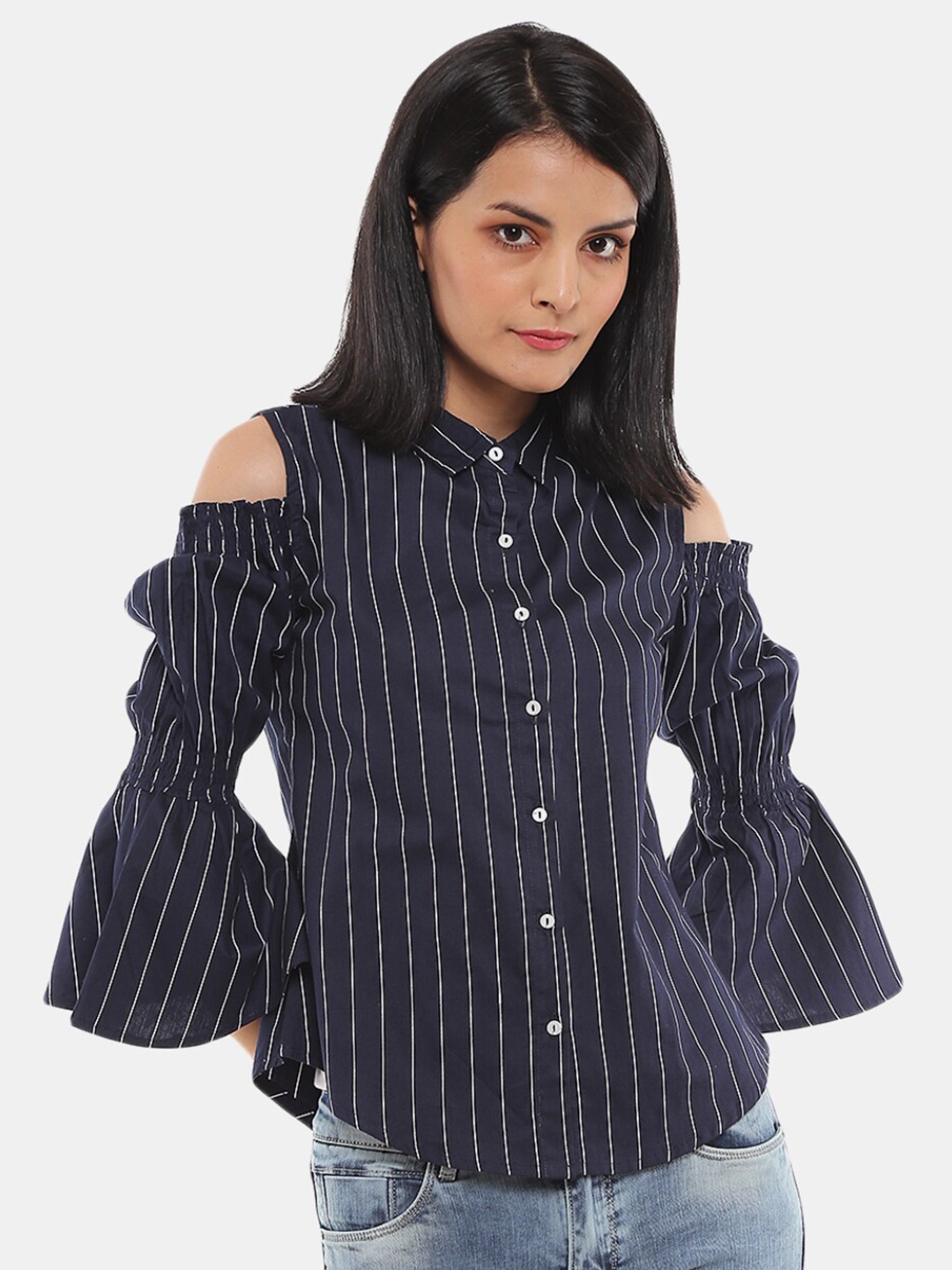 

V-Mart Women Navy Blue Striped Cotton Casual Shirt