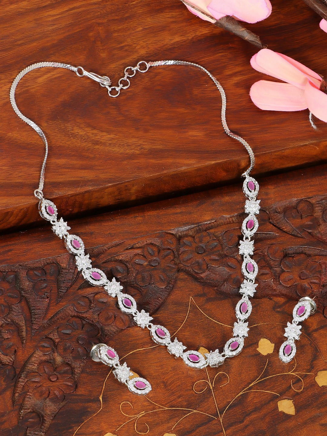 

Crunchy Fashion Women Silver-Plated Pink & White Floral AD-Studded Designer Jewelry Set