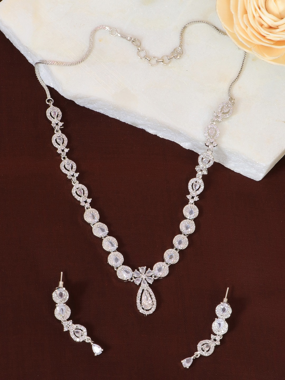 

Crunchy Fashion Silver-Plated & White AD-Studded Designer Jewellery Set