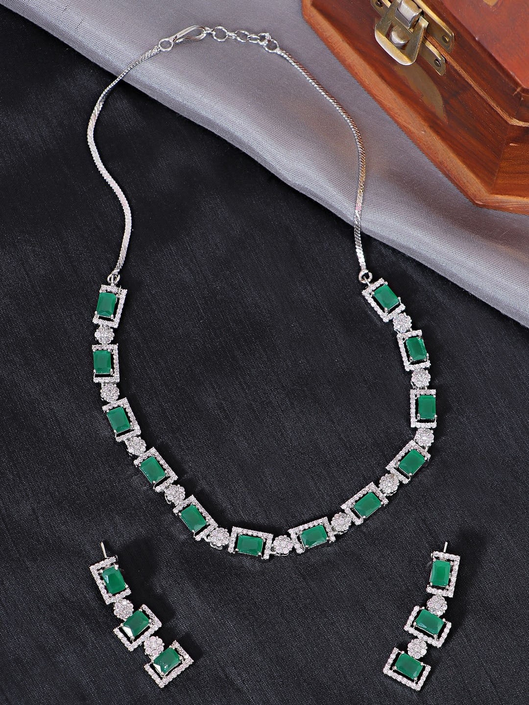 

Crunchy Fashion Silver-Plated White & Green AD Studded Jewellery Set