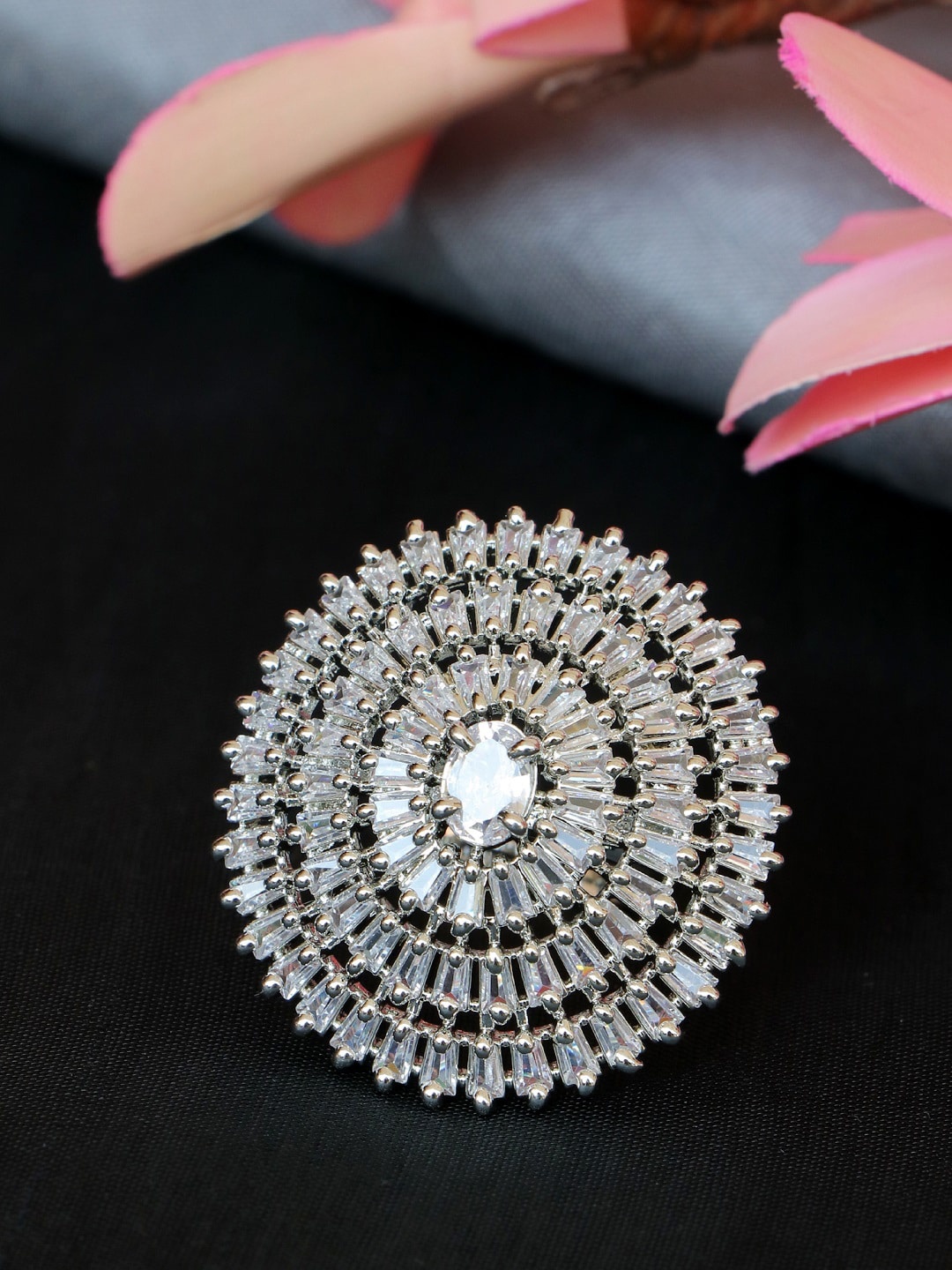 

Crunchy Fashion Women Silver-Plated Silver AD Studded Finger Ring
