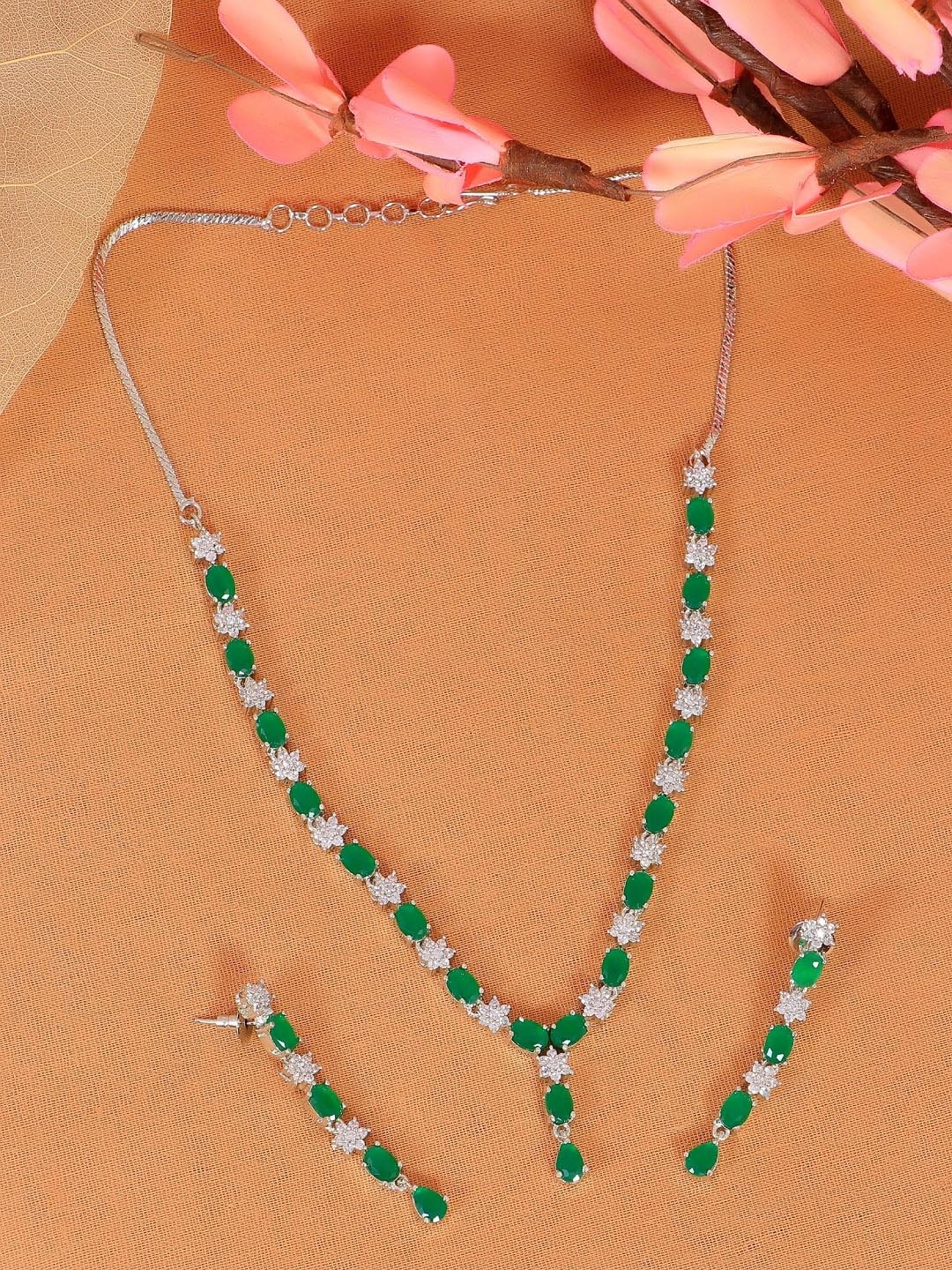 

Crunchy Fashion Silver-Plated Green American Diamond Studded Floral Jewellery Set