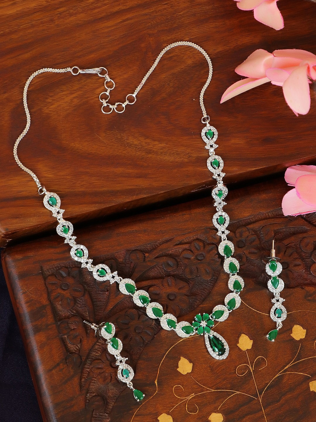 

Crunchy Fashion Silver-Plated Green & White AD Studded Jewellery Set