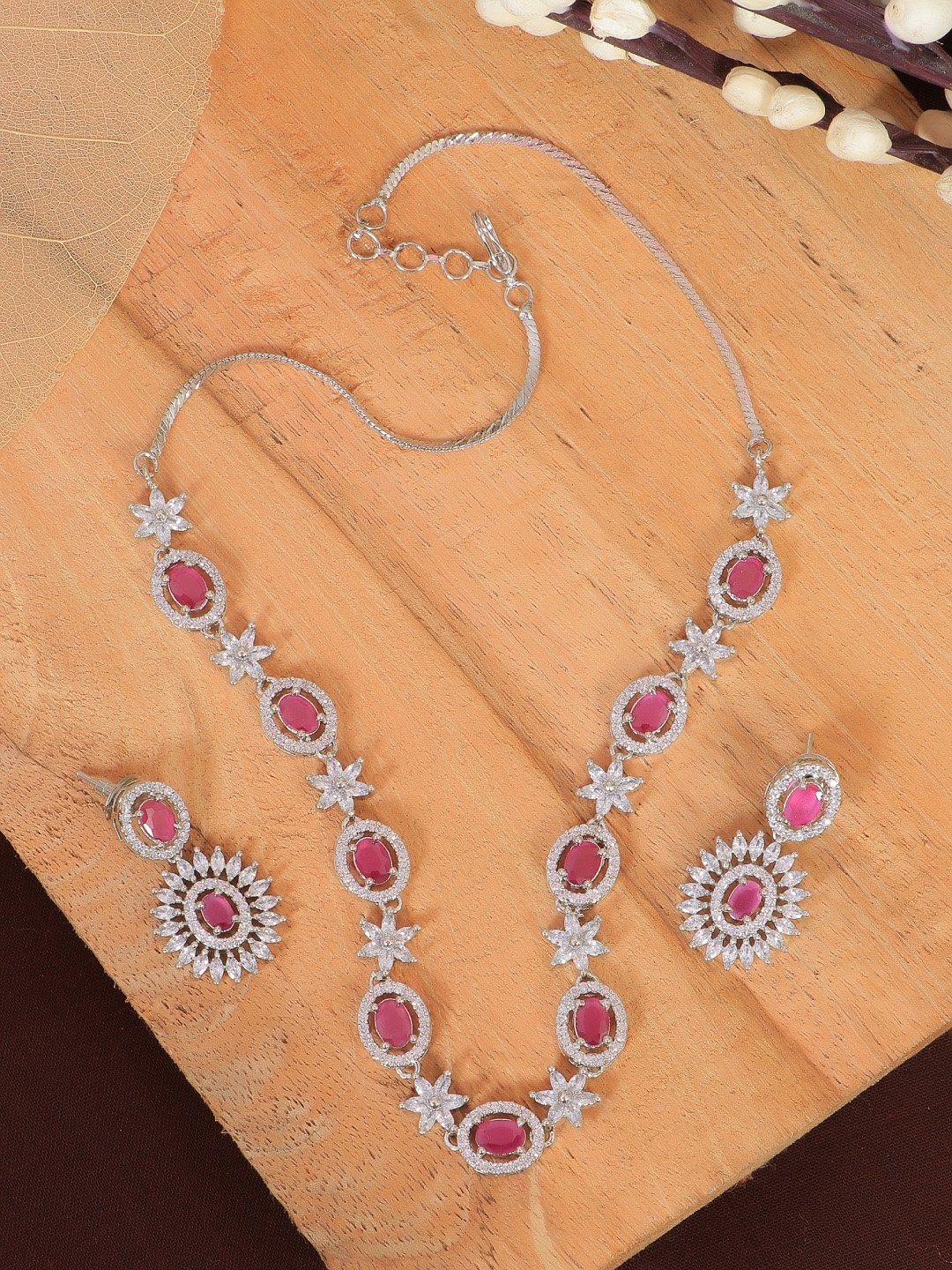 

Crunchy Fashion Silver-Plated White & Pink AD Studded Jewellery Set