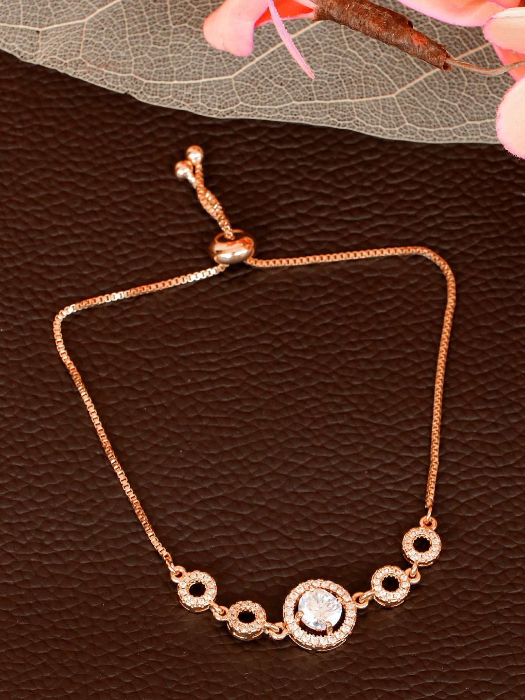 

Crunchy Fashion Women Rose Gold & White American Diamond Gold-Plated Pull-Chain Bracelet