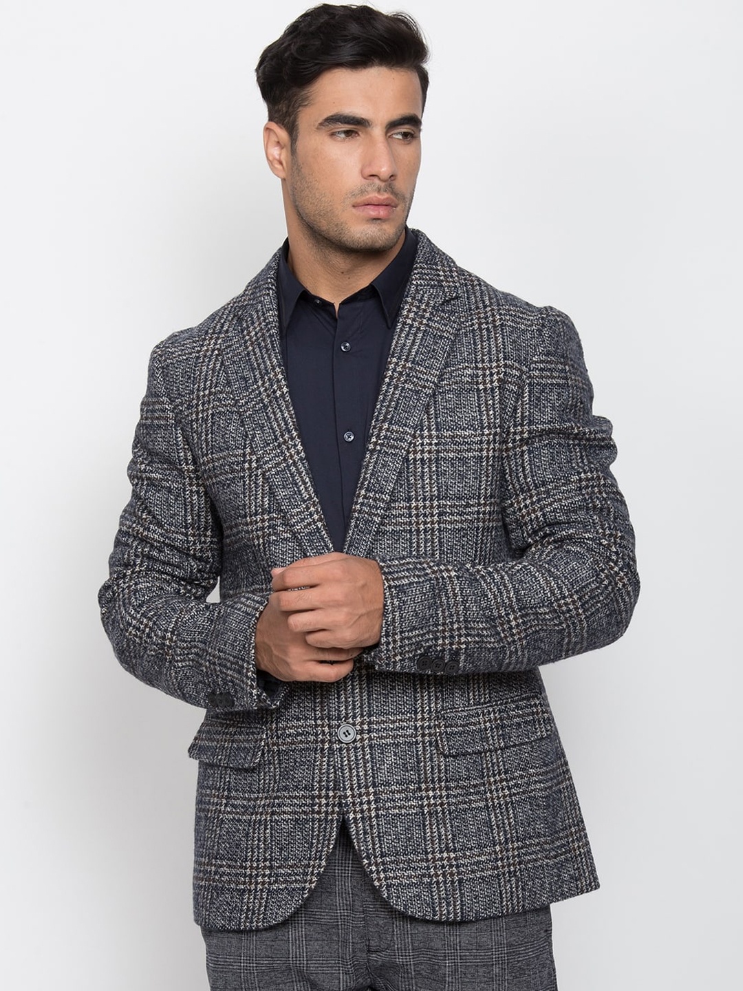 

Antony Morato Men Grey Glen Checked Slim-Fit Single Breasted Formal Blazer