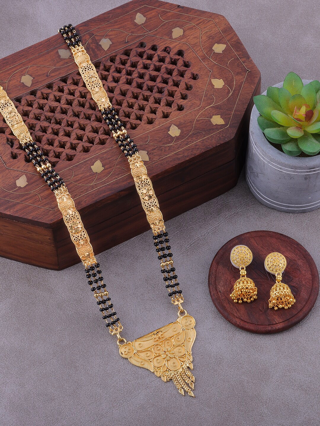 

Brandsoon Women Gold-Plated & Black Beaded Mangalsutra & Earrings Set
