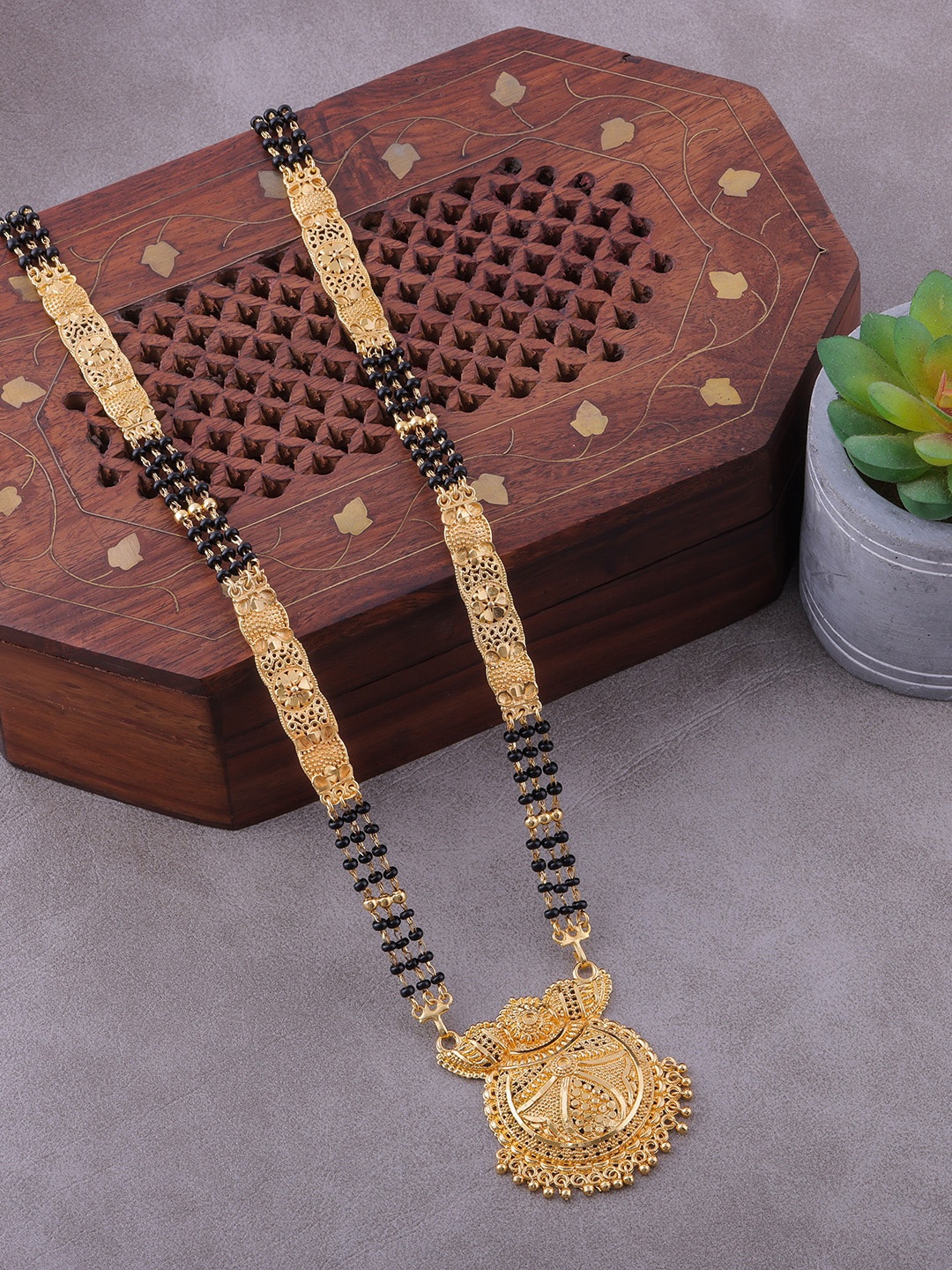 

Brandsoon Gold-Plated Black Stone-Studded & Beaded Mangalsutra