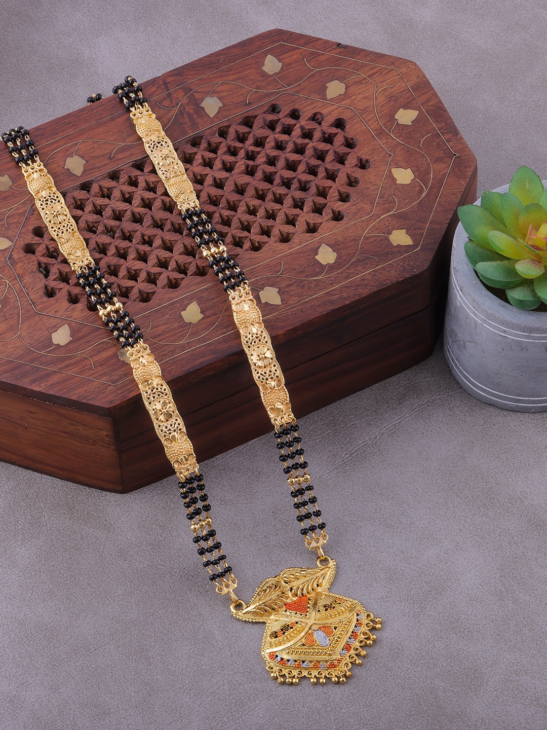 

Brandsoon Women One Gram Gold-Plated & Black Beaded Long Mangalsutra