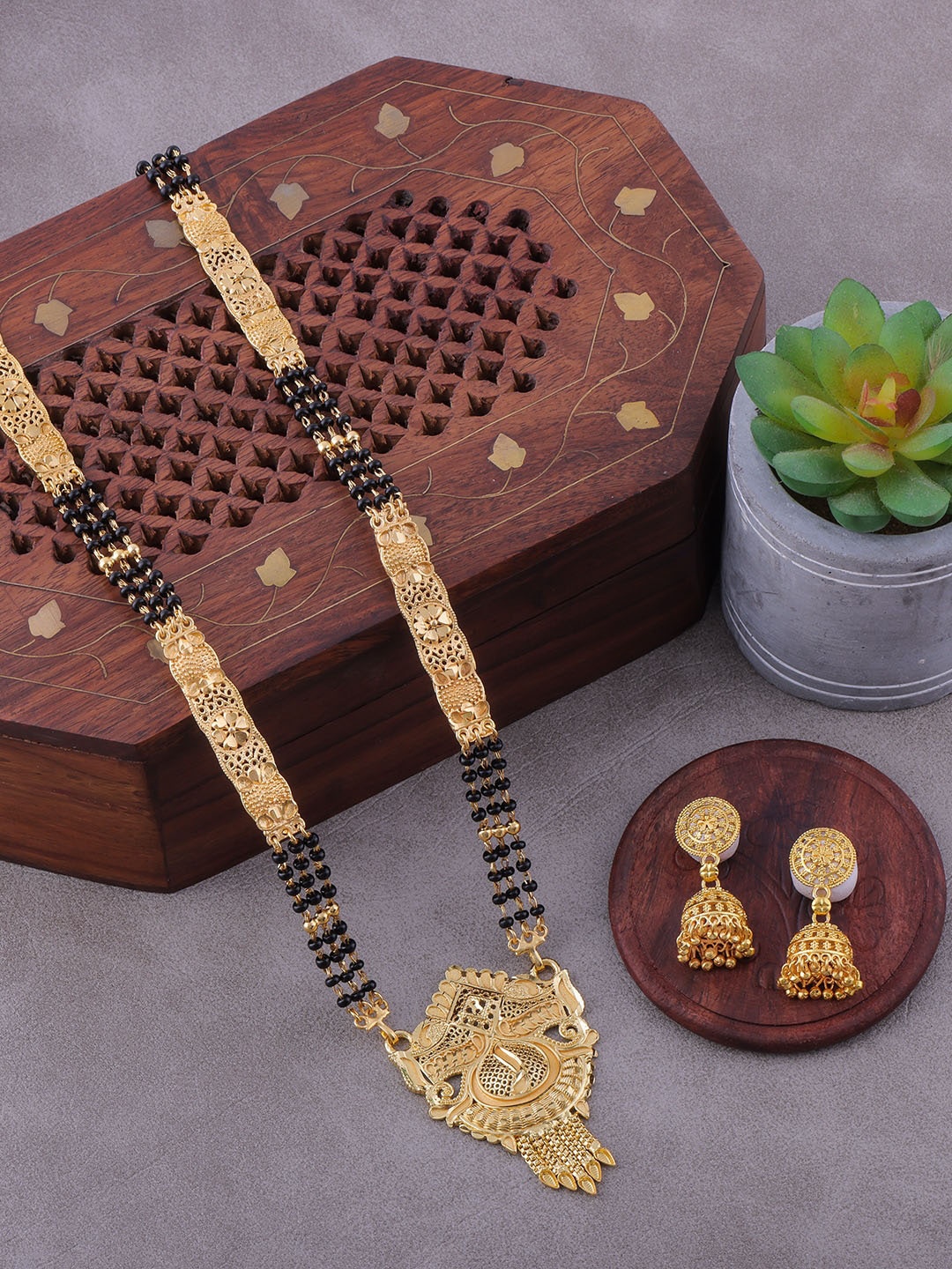 Brandsoon Gold-Plated Black Beaded Long Mangalsutra Set