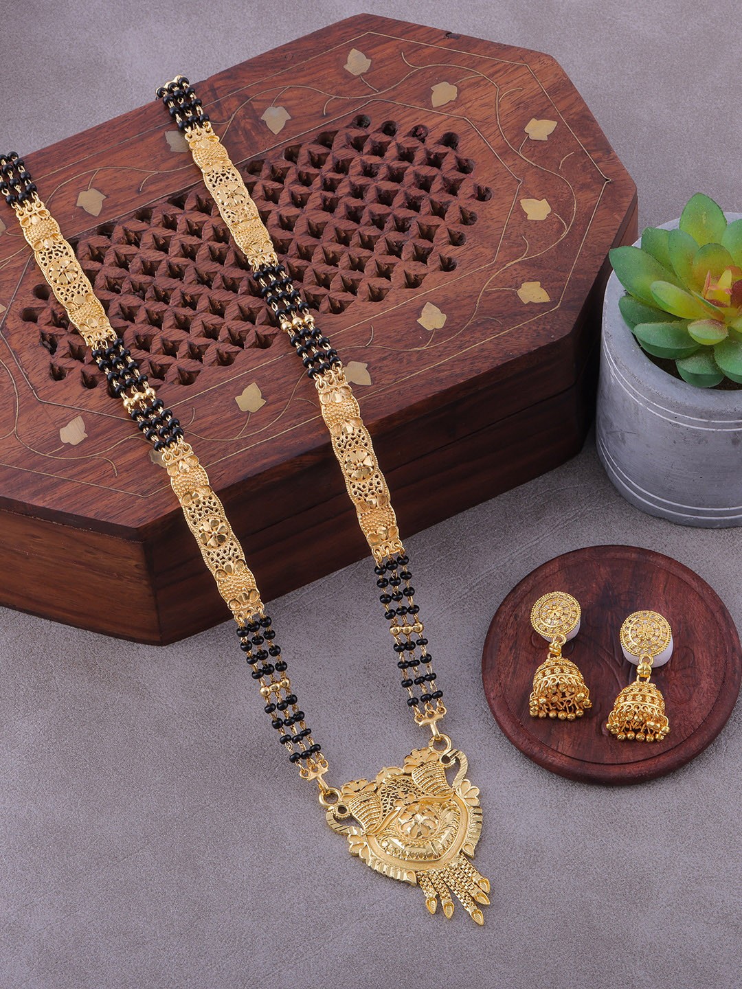 

Brandsoon Gold-Plated & Black Beaded Mangalsutra With Earring Set