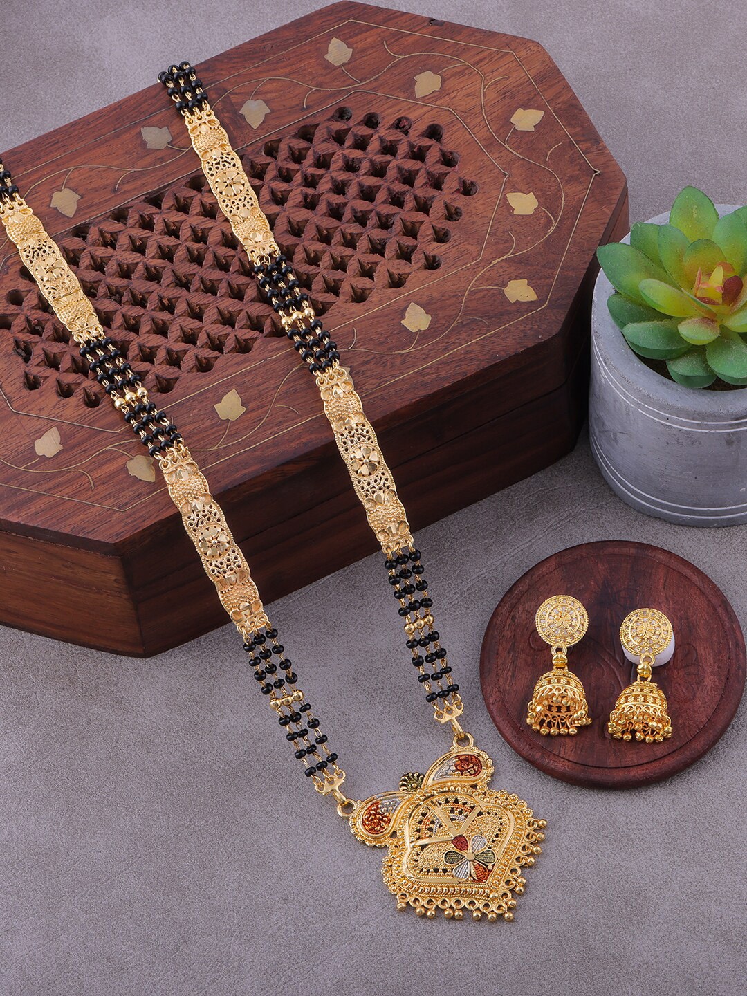 

Brandsoon One Gram Gold-Plated & Black Beaded Mangalsutra & Earrings Set