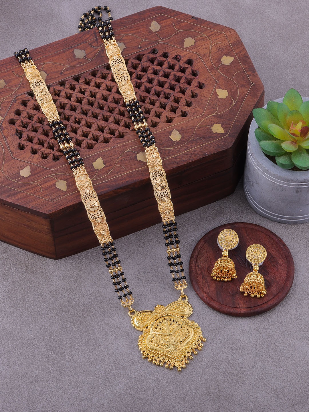 

Brandsoon Women One Gram Gold-Plated Black Beaded Mangalsutra With Earrings
