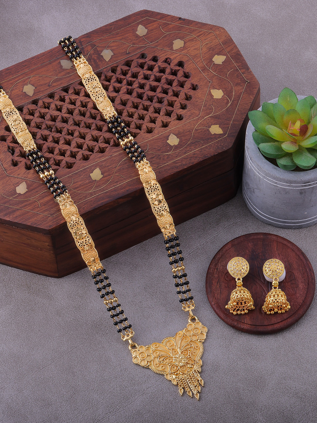 

Brandsoon Gold Plated Artificial Beads Mangalsutra With Earrings