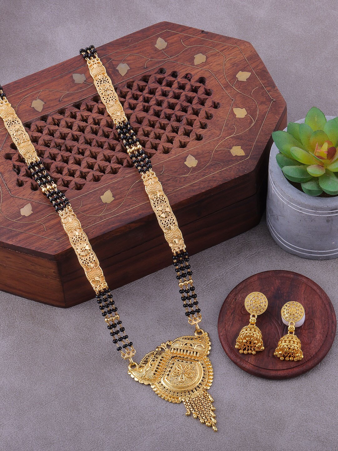 

Brandsoon Women Gold-Plated & Black Beaded One Gram Mangalsutra & Earrings Set
