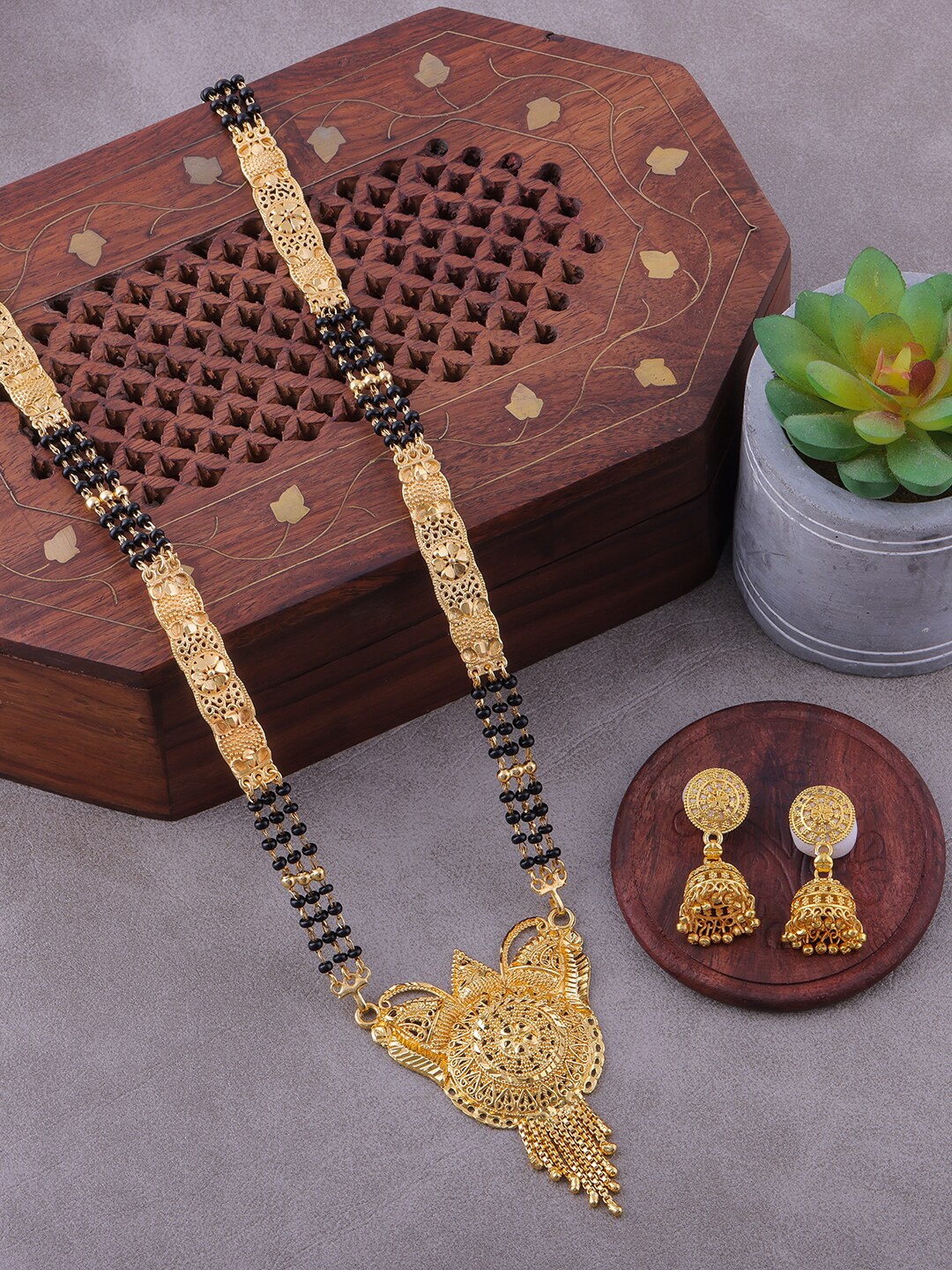 

Brandsoon One Gram Gold-Plated Black Stone-Studded & Beaded Mangalsutra With Earrings Set